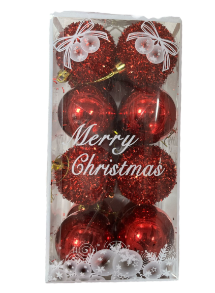 Yılbaşı Süs Top Asetat Kutulu 6 cm 16'lı Kırmızı Parlak Simli 7021