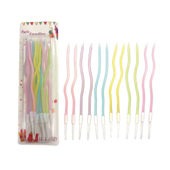 İnce mum 16 Cm Dalgalı Makaron Renkli Mum 12'li