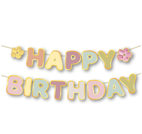 Çiçek Desenli Makaron Renkli Happy Birthday Banner