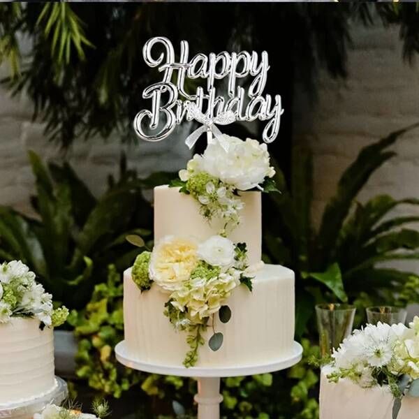 Gümüş Happy Birthday Pasta Üzeri Çubuklu Süsü