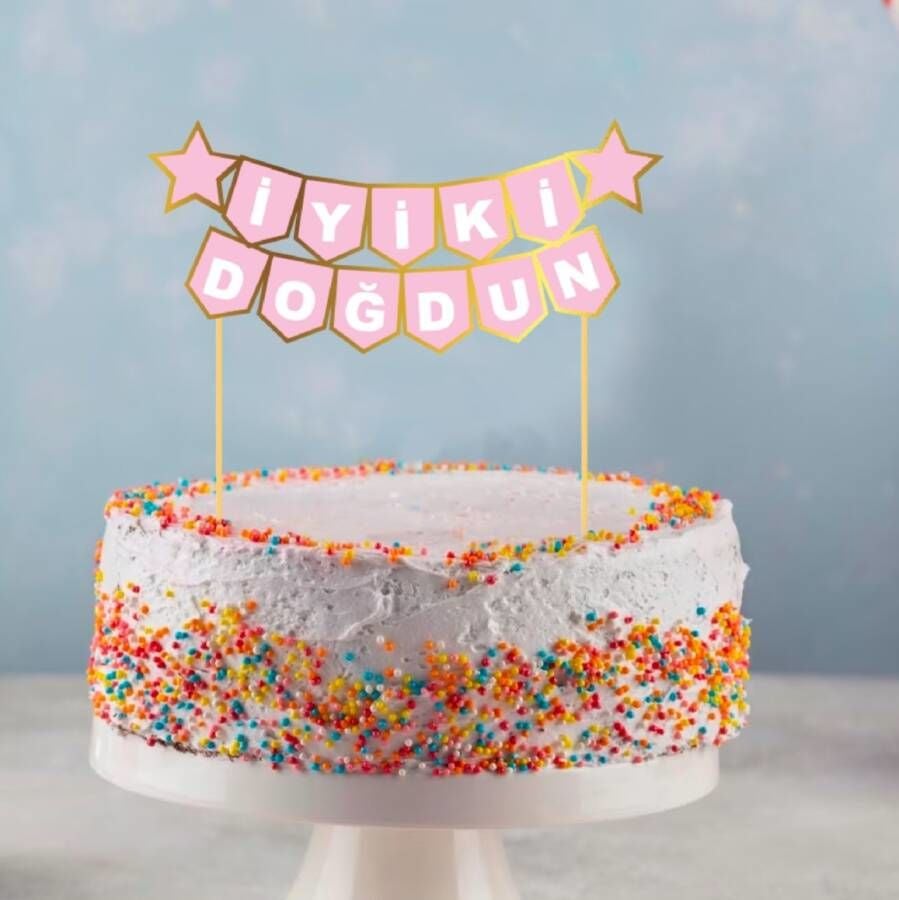 İyiki Doğdun Pembe Gold Pasta Üzeri Banner Kürdan