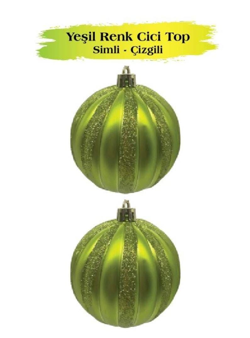 Yılbaşı Temalı Top Süs 10 cm Yeşil Çizgili Simli 2 Parça