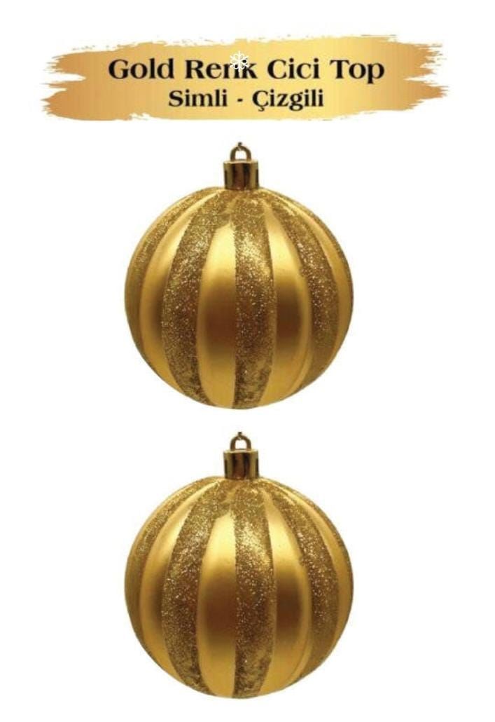 Yılbaşı Temalı Top Süs 10 cm Gold Çizgili Simli 2 Parça 3633