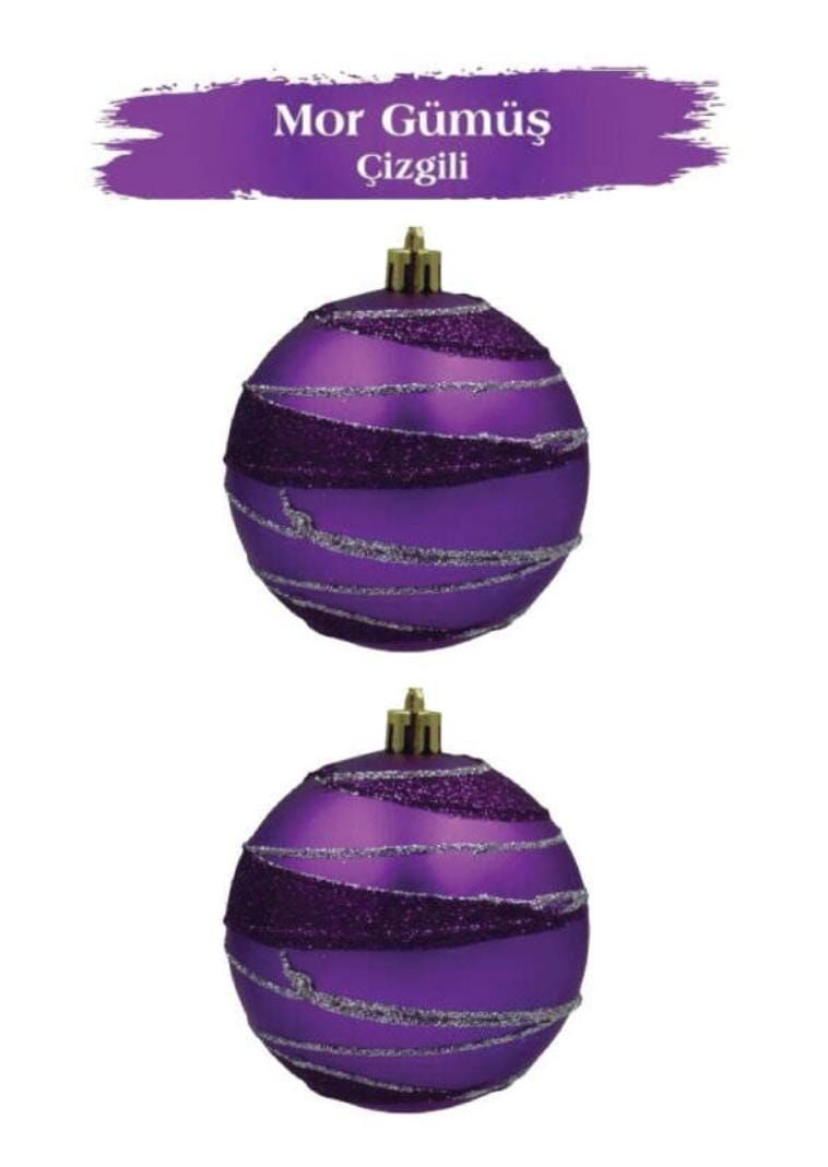 Yılbaşı Temalı Top Süs 10 cm Mor Şeritli Simli 2 Parça 1829