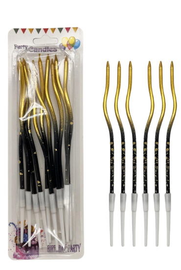 İnce mum 16 Cm Dalgalı Siyah Gold Mum 12'li