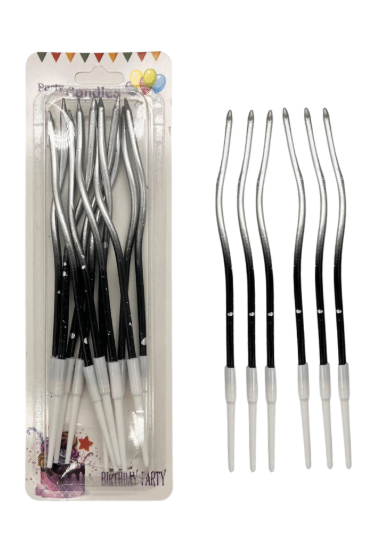 İnce mum 16 Cm Dalgalı Siyah Gümüş Mum 12'li