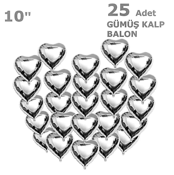 10 Inch Gümüş Kalp 25'li Folyo Balon