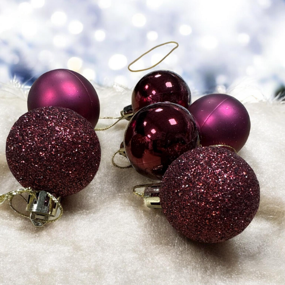 Yılbaşı Top Süs 4 Cm Simli Mat Parlak 6'lı  Bordo 7060