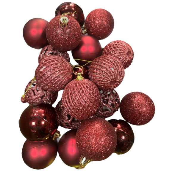 Yılbaşı Top Süs Asetat Kutulu Desenli Karışık 6 Cm Bordo 20'li 7048