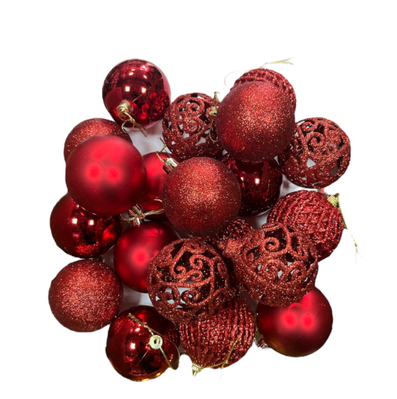 Asetat Kutulu Desenli Karışık Süs 6 Cm Top Kırmızı 20'li 7045