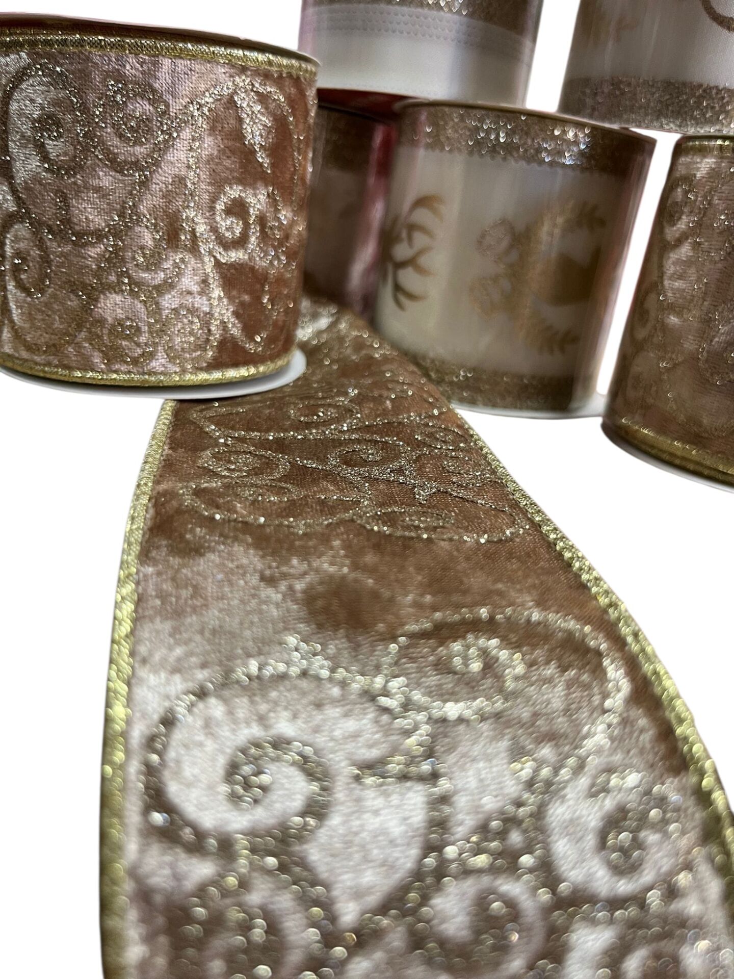 Yılbaşı Kadife Şampanya Desenli Kurdele 6,3*3 mt