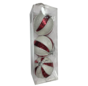 Yılbaşı Top Süs Asetat Kutulu 8 Cm Kırmızı Beyaz Desenli 3'lü 25482