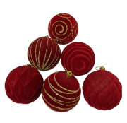 Yılbaşı Top Süs Kadife Kırmızı Gold Detaylı 6'lı 8006