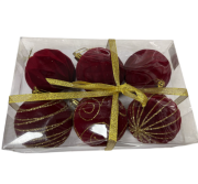 Yılbaşı Top Süs Kadife Kırmızı Gold Detaylı 6'lı 8006