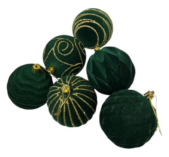 Yılbaşı Top Süs Kadife Yeşil Gold Detaylı 6'lı 8006