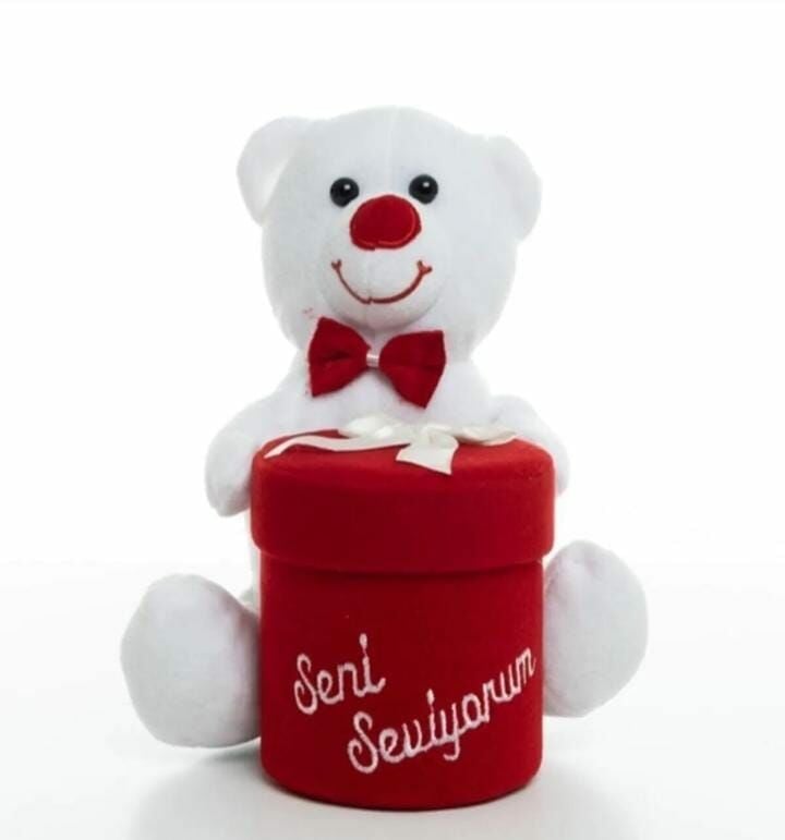 30 cm Kırmızı Kutulu Beyaz Peluş Ayı