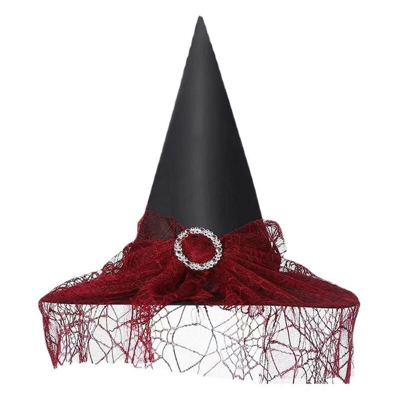 HALLOWEEN KUMAŞ CADI ŞAPKASI TÜLLÜ TOKALI KIRMIZI