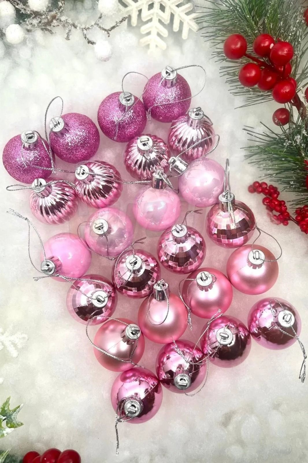 Yılbaşı Top Süs Asetat Kutulu 3 Cm Simli Mat Parlak Pembe 24'lü 7150