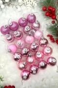 Yılbaşı Top Süs Asetat Kutulu 3 Cm Simli Mat Parlak Pembe 24'lü 7150