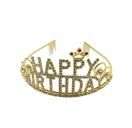 Taç Metal Taşlı Happy Birthday Yıldızlı Lüks Gold