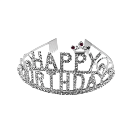 Taç Metal Taşlı Happy Birthday Yıldızlı Lüks Gümüş