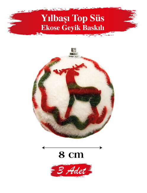 Yılbaşı Top Süs 8 cm Ekose Geyik Baskılı 3 Parça 4730