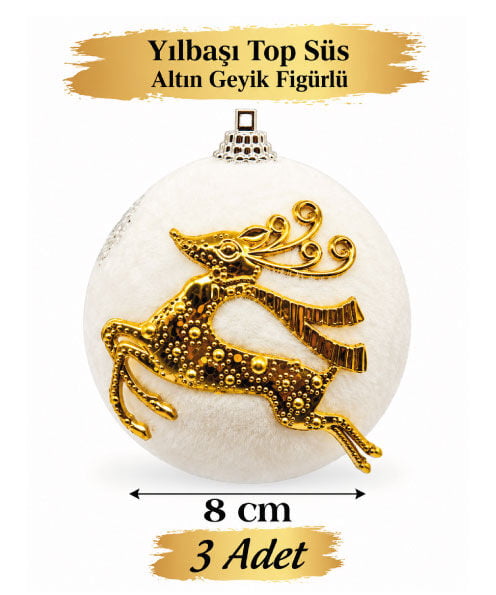 YILBAŞI TOP SÜS 8 CM 3 PARÇA ALTIN GEYİK FİGÜRLÜ