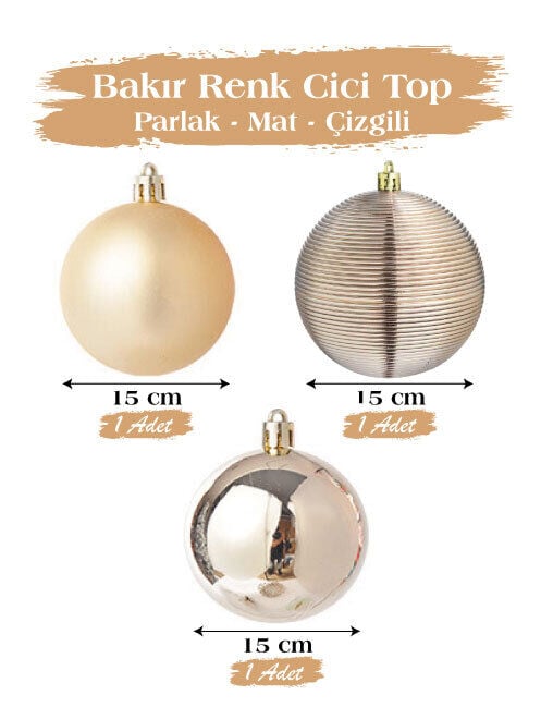 YILBAŞI TOP SÜS 15 CM 3 PARÇA MAT PARLAK ÇİZGİLİ BAKIR