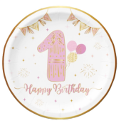 Karton Tabak Gold Varaklı 1 Yaş Pembe 23 cm 6 Parça