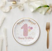 Karton Tabak Gold Varaklı 1 Yaş Pembe 23 cm 6 Parça