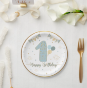 Karton Tabak Gold Varaklı 1 Yaş Mavi 23 cm 6 Parça