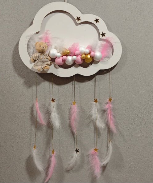 Ahşap Kapı Süsü Işıklı Bulut Model Kız Tema Beyaz-Altın-Pembe