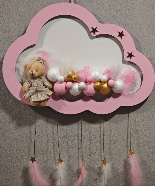 Ahşap Kapı Süsü Işıklı Bulut Model Kız Tema Pembe-Altın