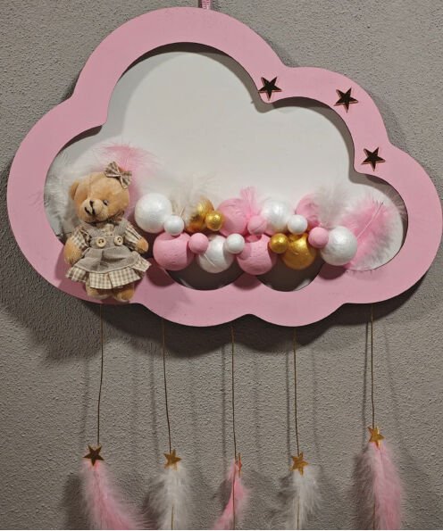 Ahşap Kapı Süsü Işıklı Bulut Model Kız Tema Pembe-Altın