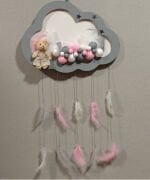 Ahşap Kapı Süsü Işıklı Bulut Model Kız Tema Gri-Pembe