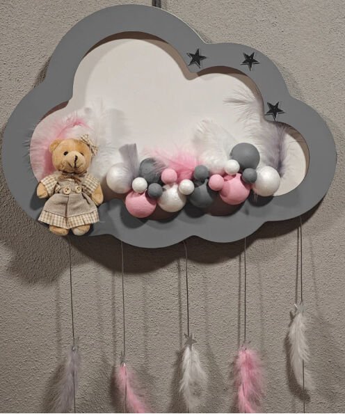Ahşap Kapı Süsü Işıklı Bulut Model Kız Tema Gri-Pembe
