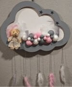 Ahşap Kapı Süsü Işıklı Bulut Model Kız Tema Gri-Pembe