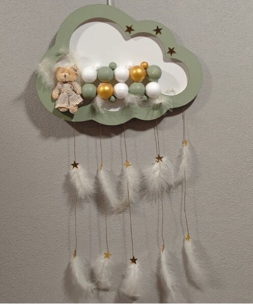 Ahşap Kapı Süsü Işıklı Bulut Model Kız Tema Yeşil-Altın