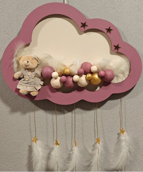 Ahşap Kapı Süsü Işıklı Bulut Model Kız Tema Mürdüm-Altın