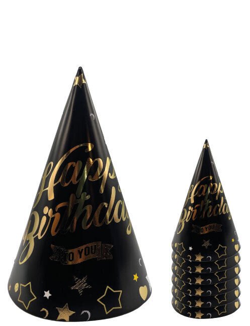 Kağıt Şapka Happy Birthday Temalı Siyah 6 Parça