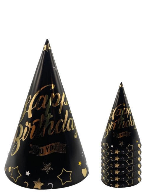 Kağıt Şapka Happy Birthday Temalı Siyah 6 Parça