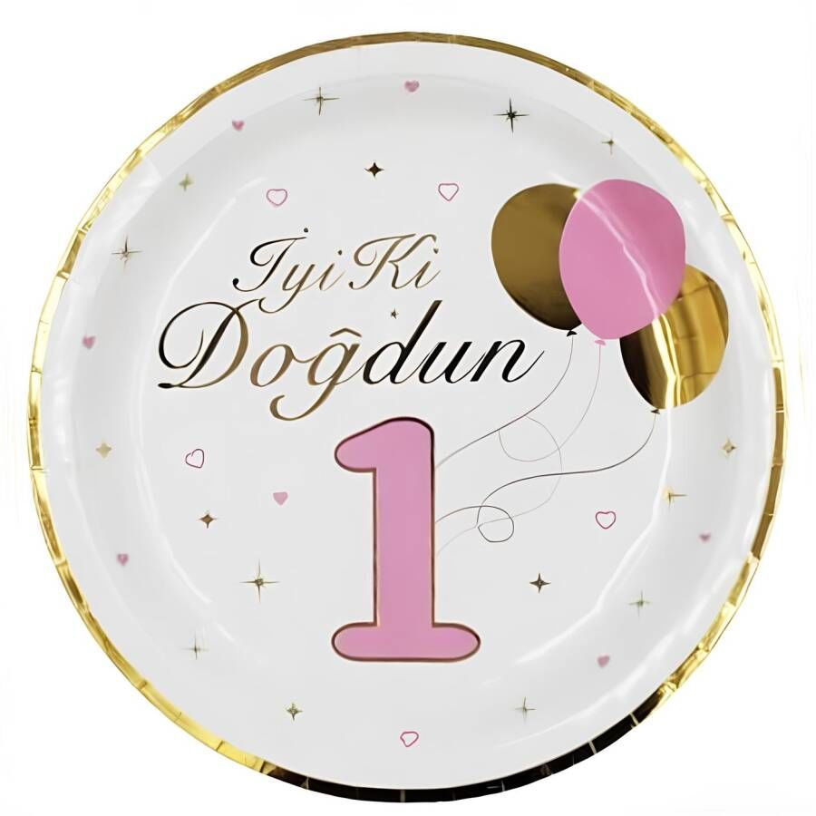 Karton Tabak İyi Ki Doğdun 1 Yaş Pembe Gold Varaklı 23 cm 6'lı
