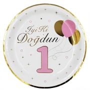 Karton Tabak İyi Ki Doğdun 1 Yaş Pembe Gold Varaklı 23 cm 6'lı
