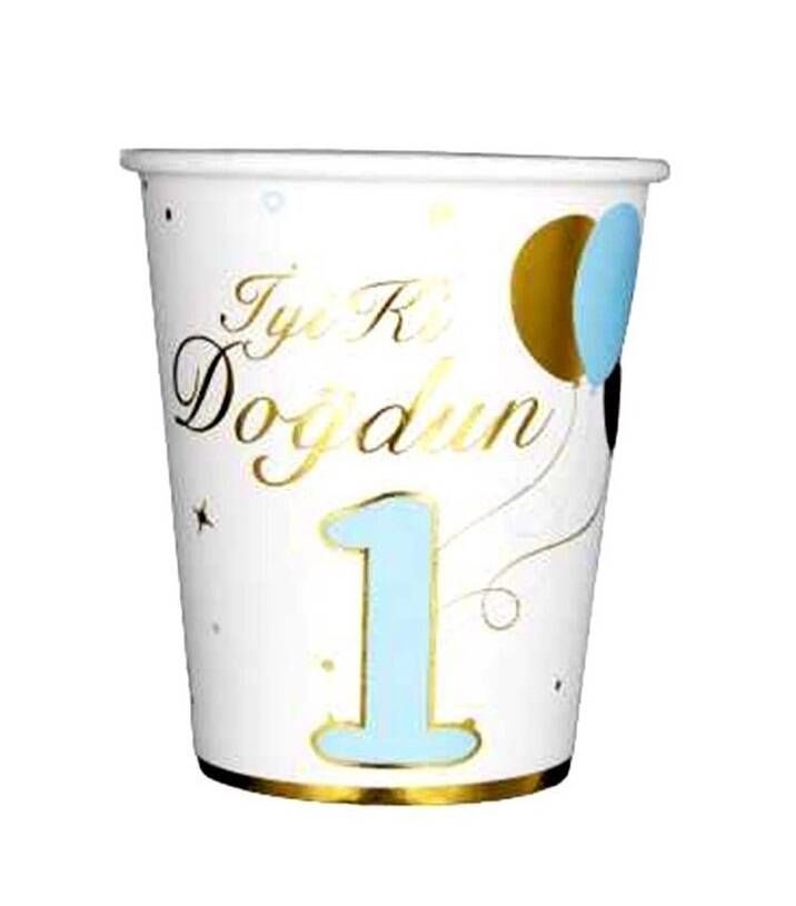 Karton Bardak İyi ki Doğdun 1 Yaş Mavi  Gold Varaklı 6'lı