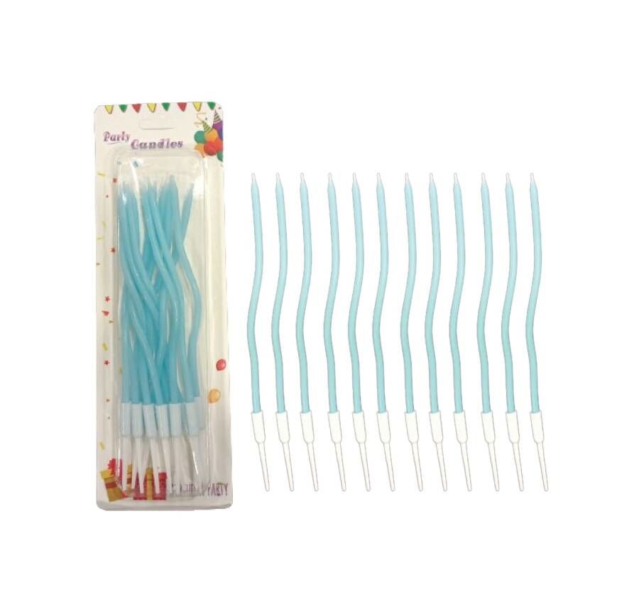 İnce Mum 16 cm Dalgalı Makaron Mavi Mum 12'li