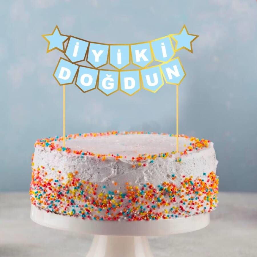 İyiki Doğdun Mavi Gold Pasta Üzeri Banner Kürdan