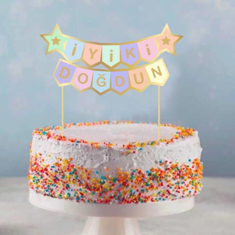 İyiki Doğdun Makaron Renkli Gold Pasta Üzeri Banner Kürdan