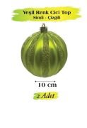 Yılbaşı Temalı Top Süs 10 cm Yeşil Çizgili Simli 2 Parça