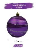 Yılbaşı Temalı Top Süs 10 cm Mor Şeritli Simli 2 Parça 1829