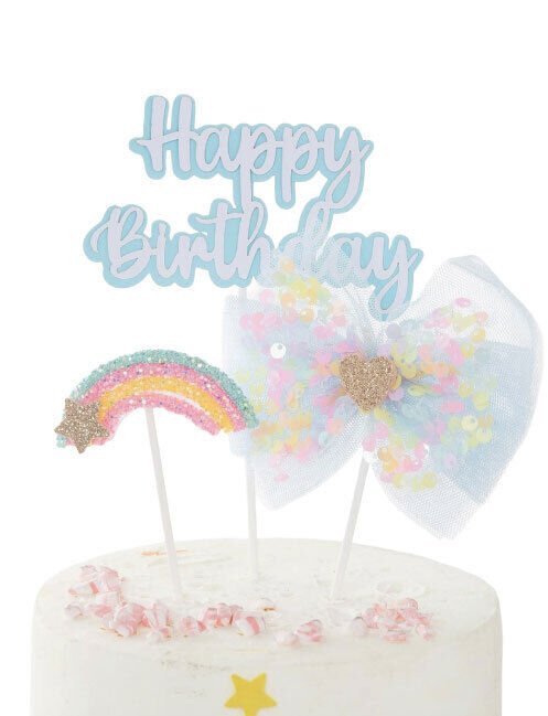 Pasta Üzeri Süs Happy Birthday Tüllü Gökkuşağı Temalı 3 Parça Mavi